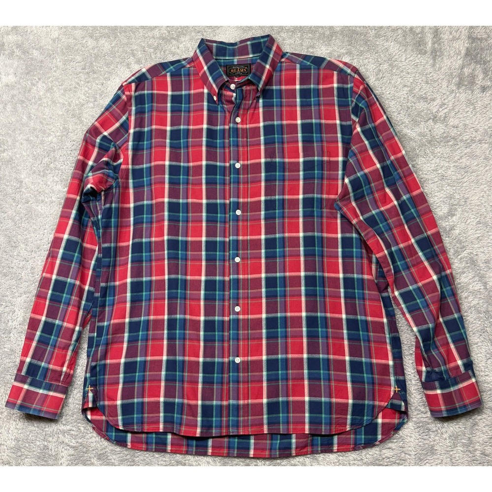 Beams Plus Button Down Shirt Mens XL Red Blue Plaid Casual Made in Japan